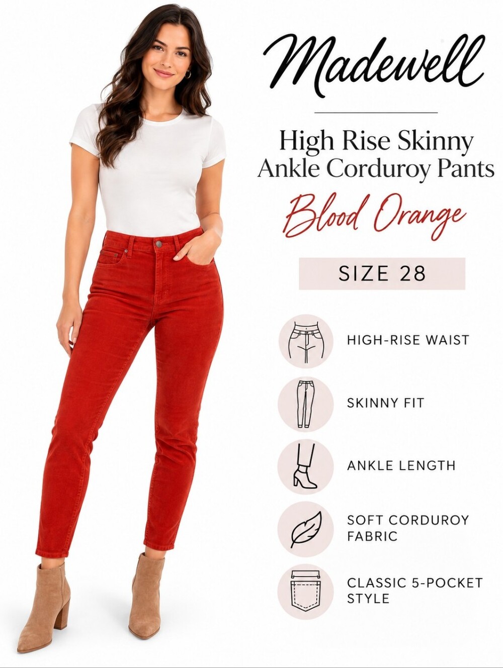 Madewell Women's Blood Orange High Rise Skinny Ankle Corduroy Pants 28
